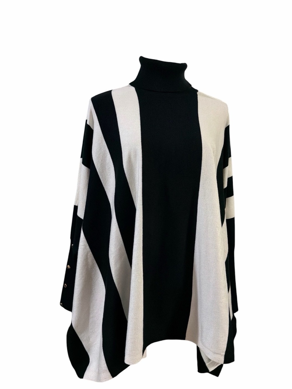 JM Collection Black and White Striped Turtleneck Poncho Sweater